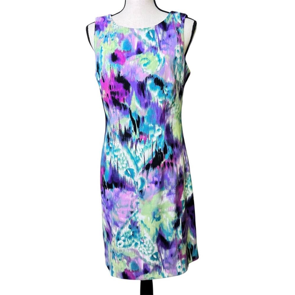 Connected apparel sleeves mid length dress multi colour purple green size 10